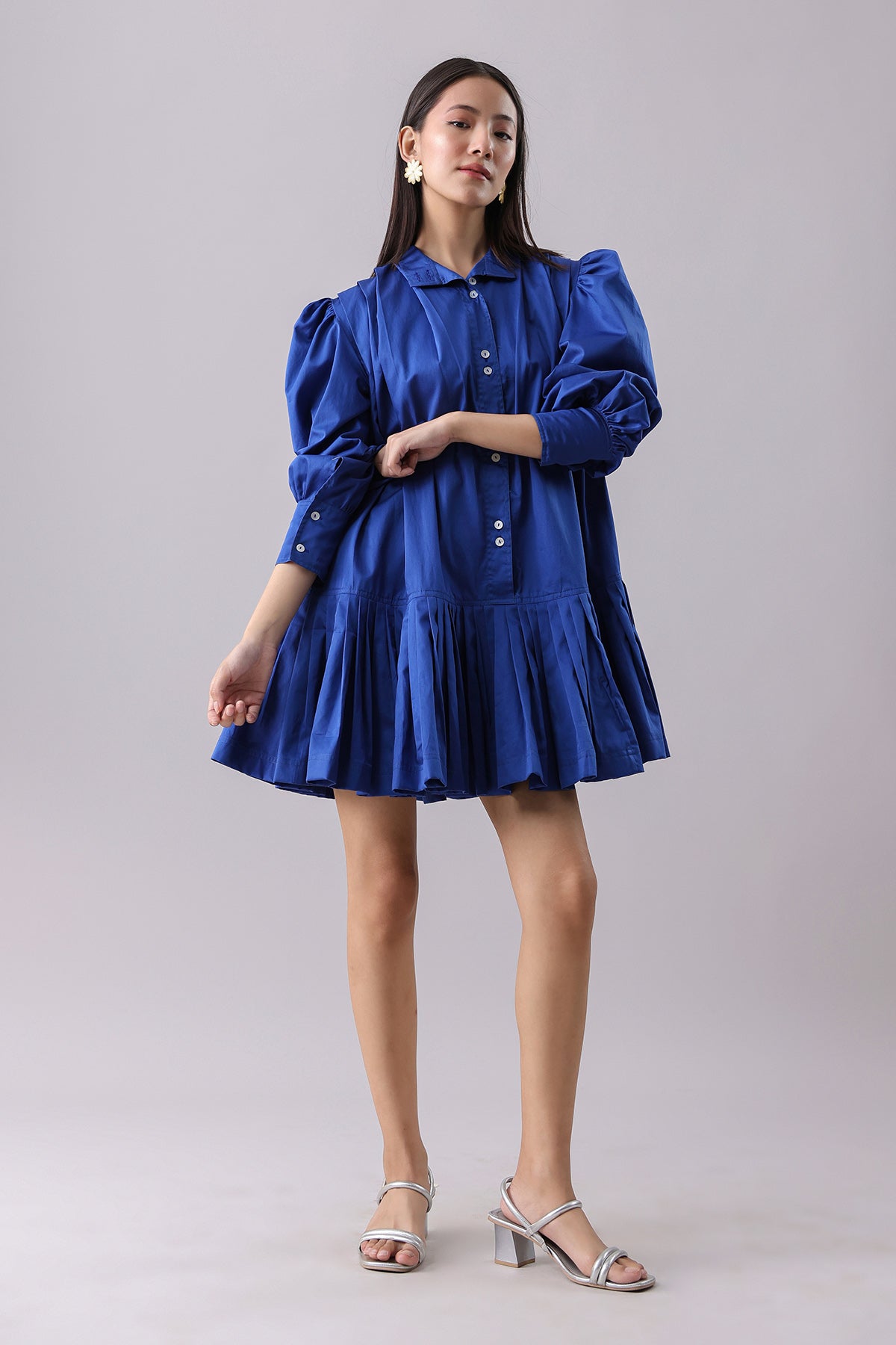 Buy Blue Pleated Mini Shirt Dress by Why Look West for women online at ScrollnShops